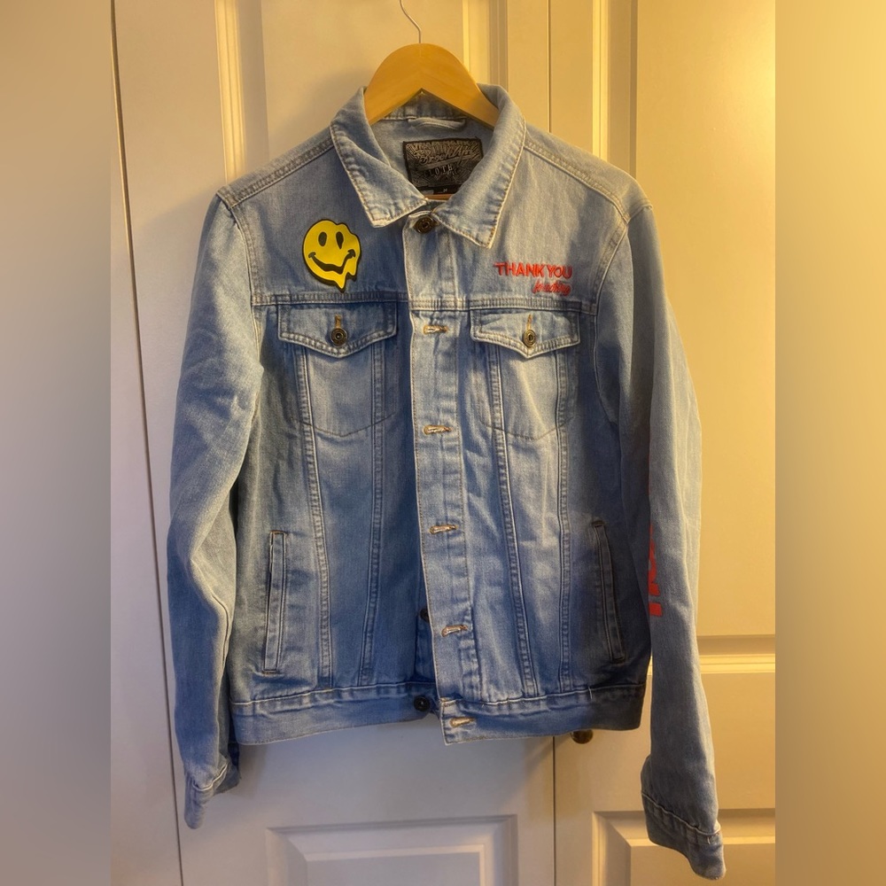 Brooklyn Clothing Co, “Thank You For Nothing” Smiley Embroidered Denim Jacket.